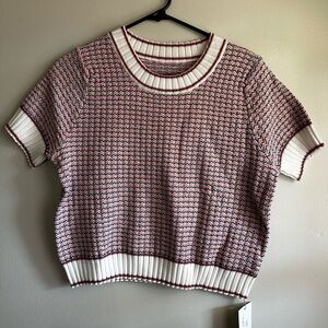 Pink and White Knit Short Sleeve Sweater